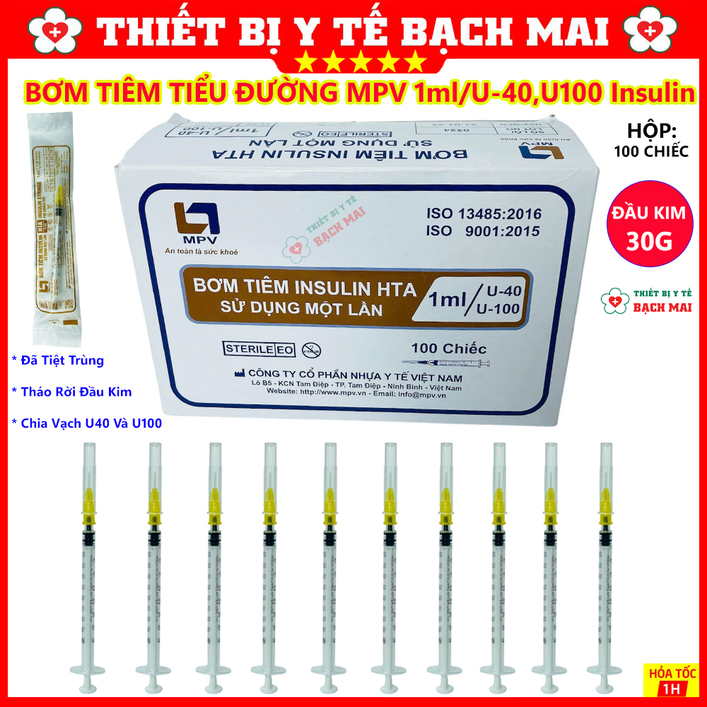 Bơm Tiêm Tiểu Đường MPV HTA 1ml U100, U40 Insulin Đầu Kim 30G - Hộp 100 Chiếc Bơm Tiêm Tiểu Đường MPV HTA 1ml U100, U40 Insulin Đầu Kim 30G - Hộp 100 Chiếc