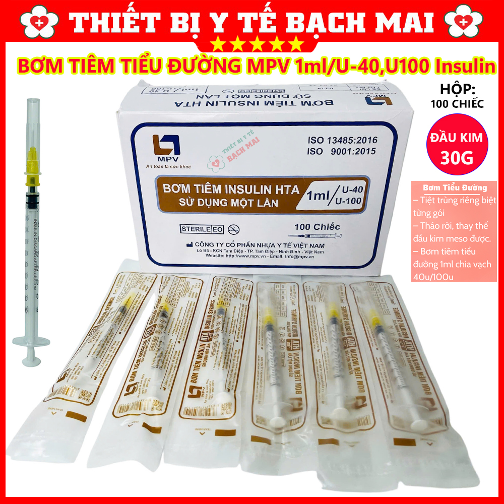 Bơm Tiêm Tiểu Đường MPV HTA 1ml U100, U40 Insulin Đầu Kim 30G - Hộp 100 Chiếc Bơm Tiêm Tiểu Đường MPV HTA 1ml U100, U40 Insulin Đầu Kim 30G - Hộp 100 Chiếc
