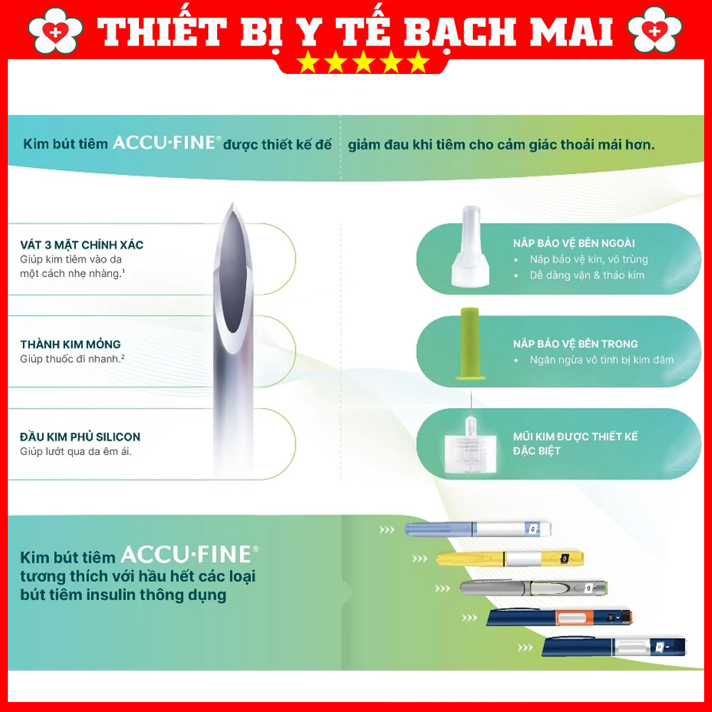 Đầu Kim Bút Tiêm ACCU-FINE 32Gx4mm, Kim Tiêm Tiểu Đường Insulin Dùng Cho Các Loại Bút Tiêm Đầu Kim Bút Tiêm ACCU-FINE 32Gx4mm, Kim Tiêm Tiểu Đường Insulin Dùng Cho Các Loại Bút Tiêm