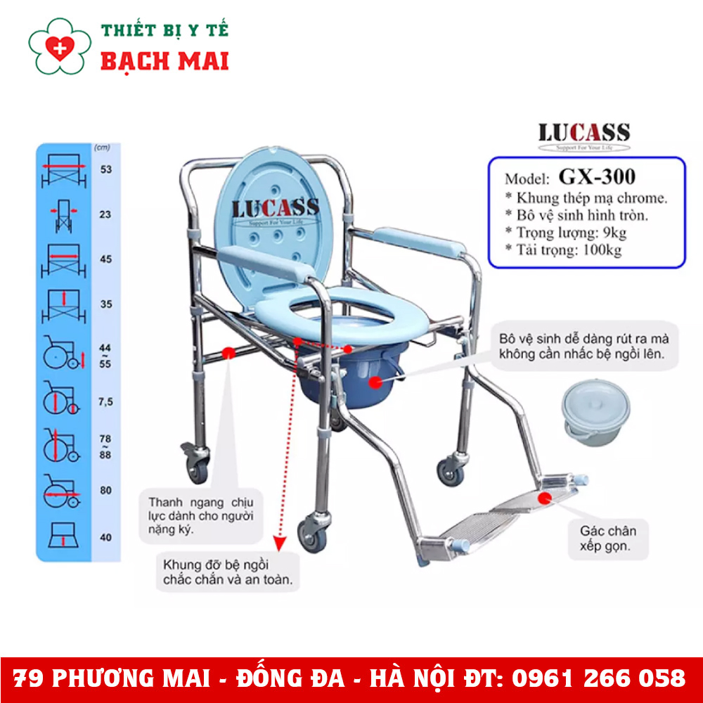 Ghế Bô Vệ Sinh Có Bánh Xe Mặt Nhựa, Khung Thép Bọc Crom Chắc Chắn Bền Đẹp Lucass GX300 Ghế Bô Vệ Sinh Có Bánh Xe Mặt Nhựa, Khung Thép Bọc Crom Chắc Chắn Bền Đẹp Lucass GX300