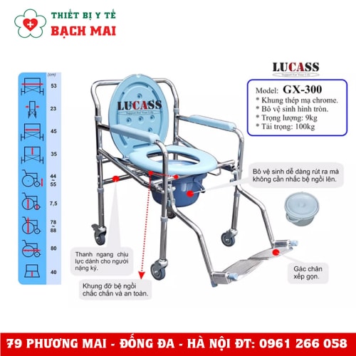 Ghế Bô Vệ Sinh Có Bánh Xe Mặt Nhựa, Khung Thép Bọc Crom Chắc Chắn Bền Đẹp Lucass GX300 Ghế Bô Vệ Sinh Có Bánh Xe Mặt Nhựa, Khung Thép Bọc Crom Chắc Chắn Bền Đẹp Lucass GX300