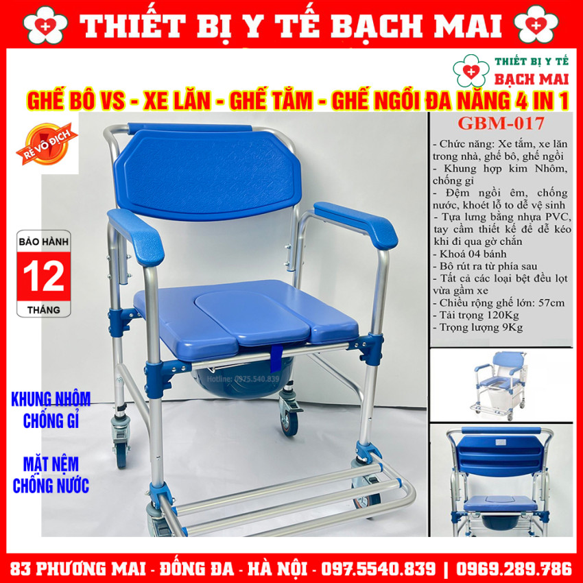 Ghế Bô Tắm Đa Năng GBM-017 Ghế Vệ Sinh, Xe Lăn, Ghế Tắm, Ghế Ngồi 4in1