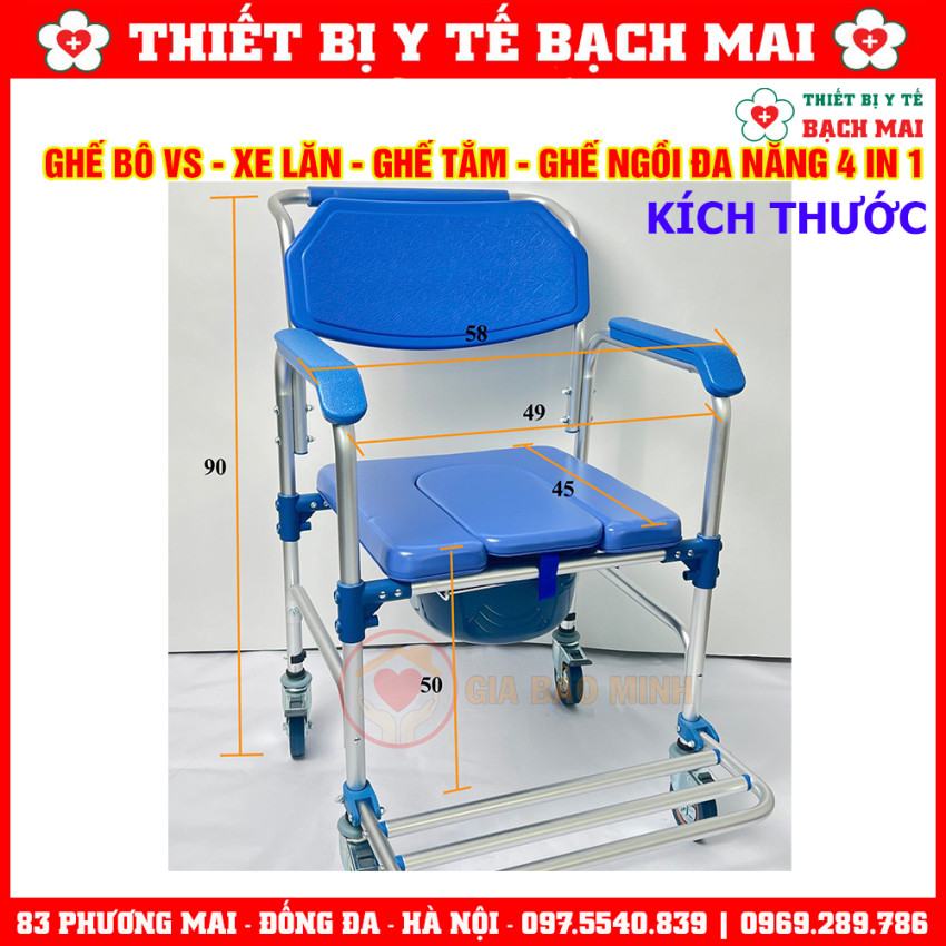 Ghế Bô Tắm Đa Năng GBM-017 Ghế Vệ Sinh, Xe Lăn, Ghế Tắm, Ghế Ngồi 4in1