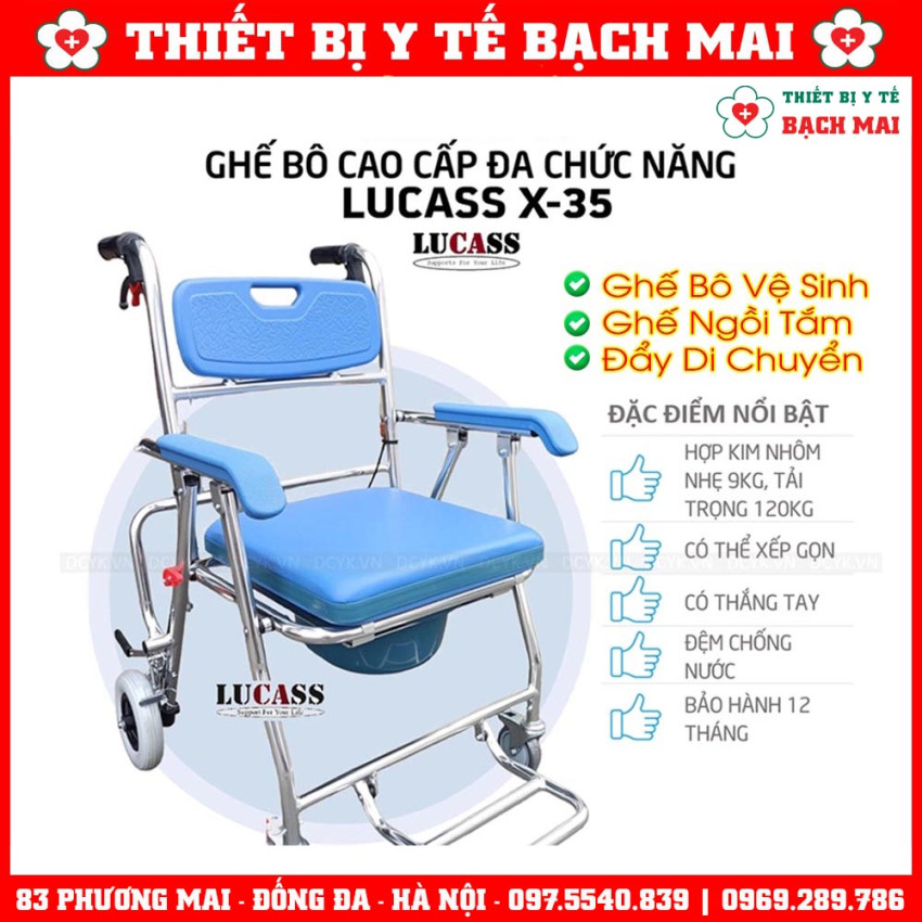 Ghế Bô Vệ Sinh Đa Năng LUCASS X35, Ngồi Tắm, Di Chuyển, Gấp Gọn, Khung Nhôm