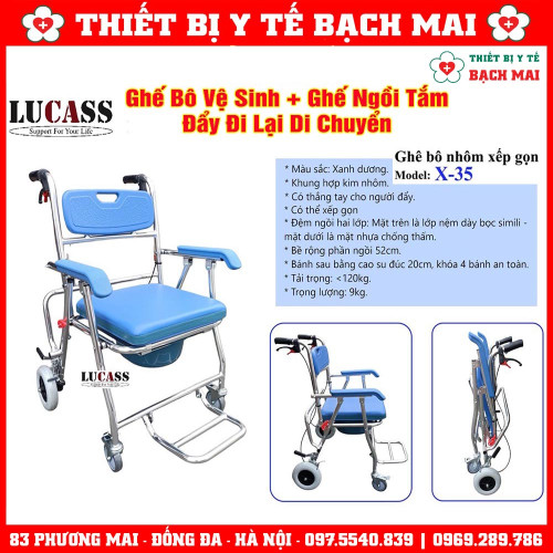Ghế Bô Vệ Sinh Đa Năng LUCASS X35, Ngồi Tắm, Di Chuyển, Gấp Gọn, Khung Nhôm