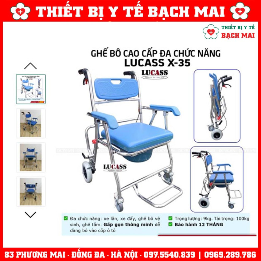 Ghế Bô Vệ Sinh Đa Năng LUCASS X35, Ngồi Tắm, Di Chuyển, Gấp Gọn, Khung Nhôm