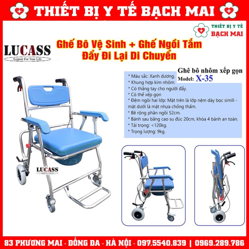 Ghế Bô Vệ Sinh Đa Năng LUCASS X35, Ngồi Tắm, Di Chuyển, Gấp Gọn, Khung Nhôm