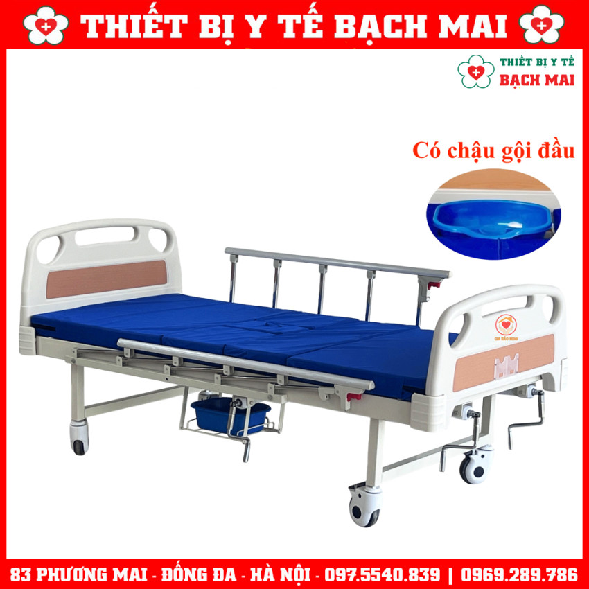Giường 3 Tay Quay GBM-094A Có Bô Vệ Sinh, Chậu Gội Đầu - Giường Y Tế, Giường Bệnh Nhân Nâng Hạ Đầu-Chân