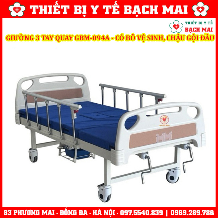 Giường 3 Tay Quay GBM-094A Có Bô Vệ Sinh, Chậu Gội Đầu - Giường Y Tế, Giường Bệnh Nhân Nâng Hạ Đầu-Chân