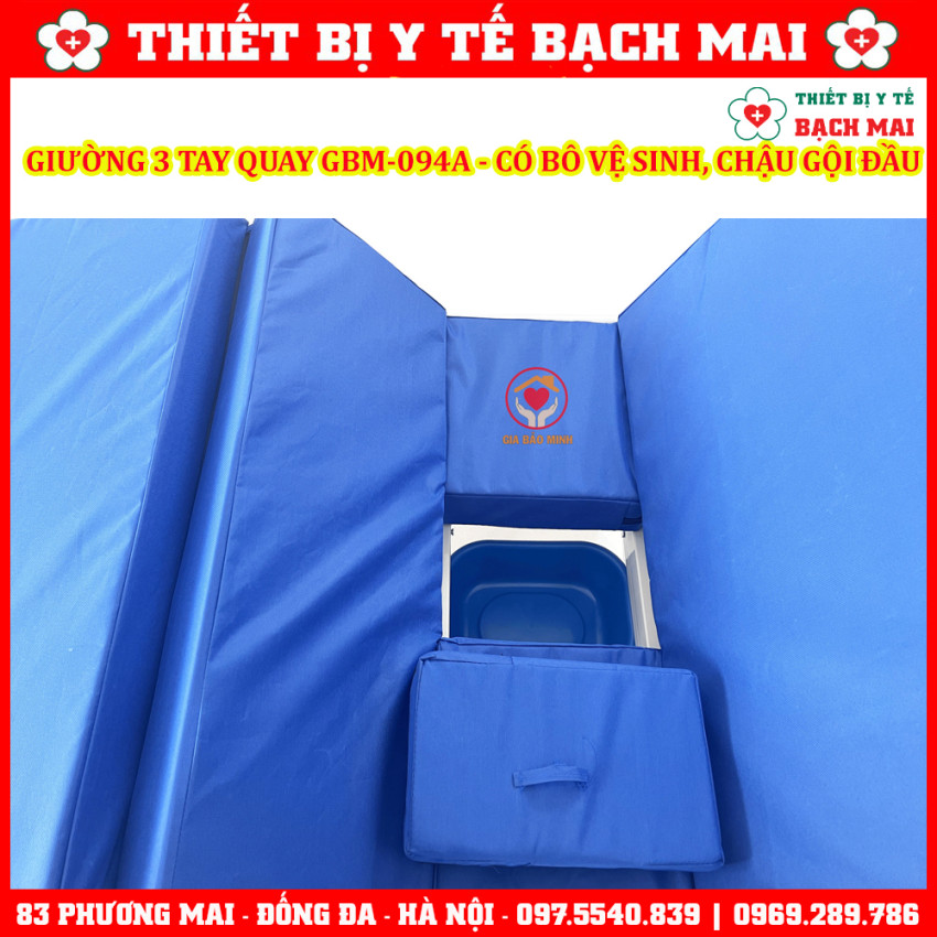 Giường 3 Tay Quay GBM-094A Có Bô Vệ Sinh, Chậu Gội Đầu - Giường Y Tế, Giường Bệnh Nhân Nâng Hạ Đầu-Chân