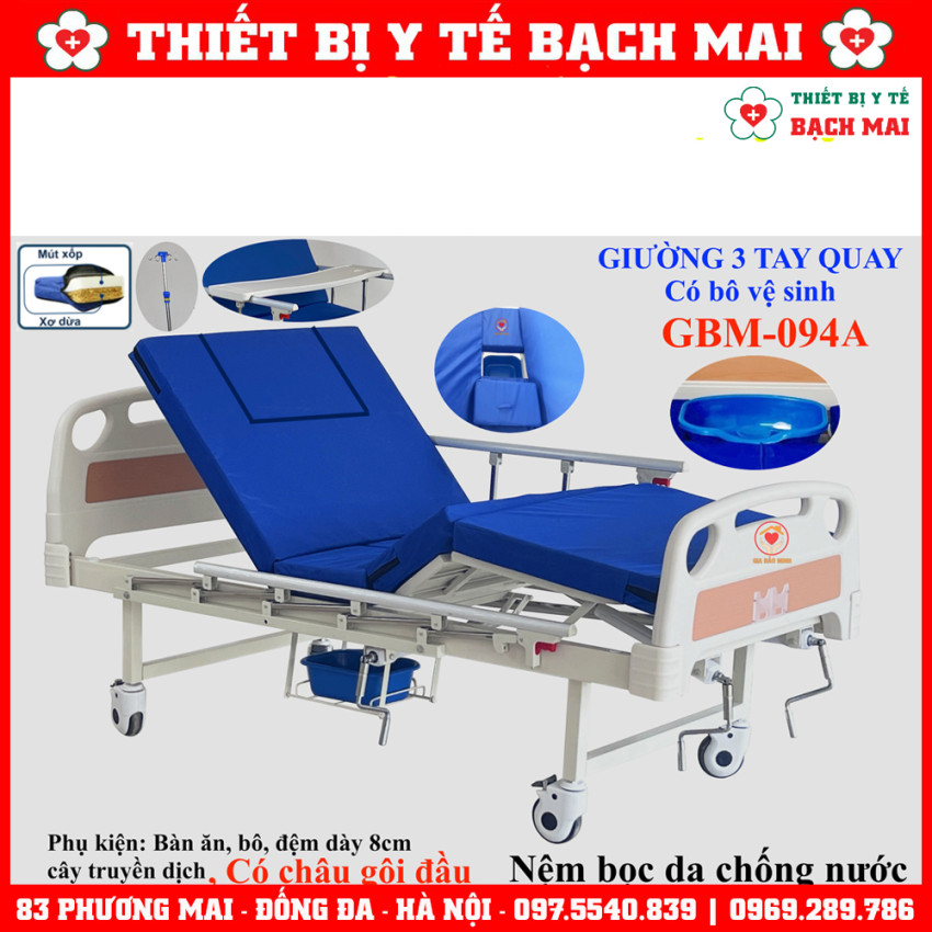 Giường 3 Tay Quay GBM-094A Có Bô Vệ Sinh, Chậu Gội Đầu - Giường Y Tế, Giường Bệnh Nhân Nâng Hạ Đầu-Chân