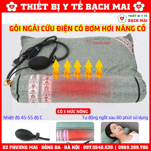 Gối Ngải Cứu Điện Chườm Nóng Có Bơm Hơi Kéo Giãn Cột Sống Cổ Giúp Giảm Đau Mỏi Cổ Vai Gáy, Thư Giãn