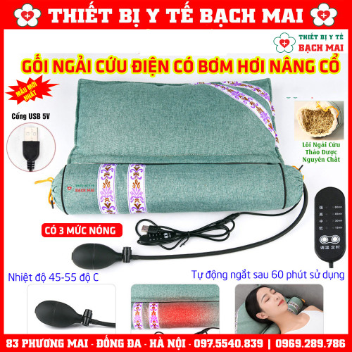 Gối Ngải Cứu Điện Chườm Nóng Có Bơm Hơi Kéo Giãn Cột Sống Cổ Giúp Giảm Đau Mỏi Cổ Vai Gáy, Thư Giãn