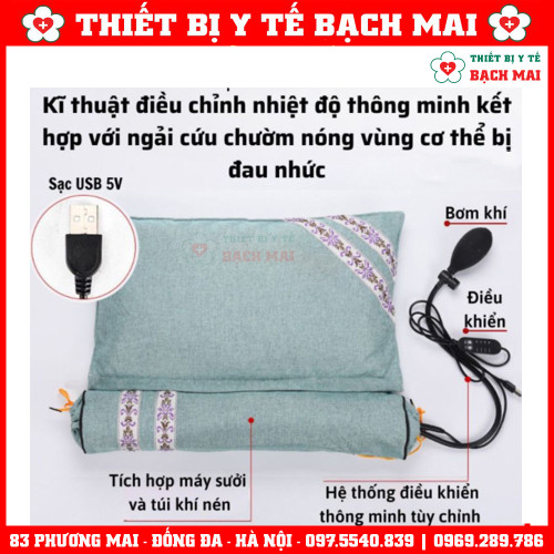 Gối Ngải Cứu Điện Chườm Nóng Có Bơm Hơi Kéo Giãn Cột Sống Cổ Giúp Giảm Đau Mỏi Cổ Vai Gáy, Thư Giãn