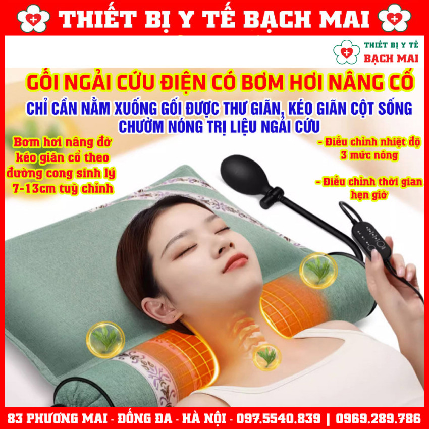 Gối Ngải Cứu Điện Chườm Nóng Có Bơm Hơi Kéo Giãn Cột Sống Cổ Giúp Giảm Đau Mỏi Cổ Vai Gáy, Thư Giãn