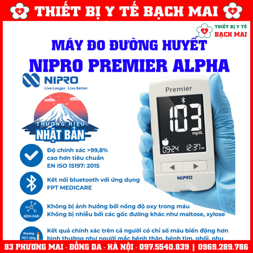 Máy Đo Đường Huyết NIPRO PREMIER ALPHA Nhật Bản, Chính Xác Cao 99,8%