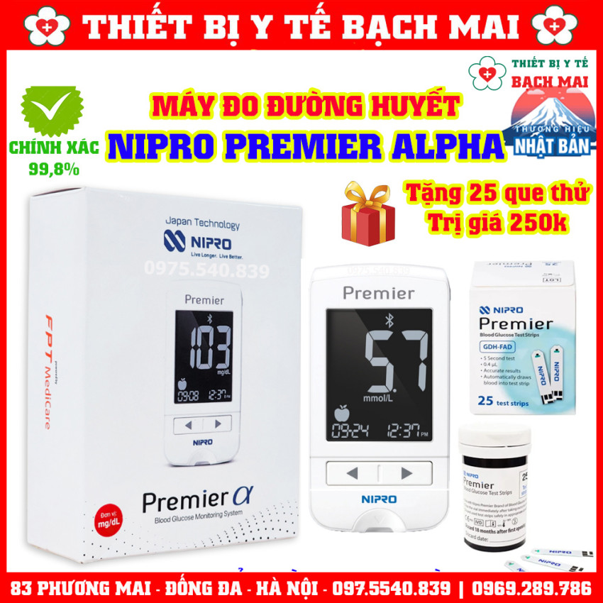Máy Đo Đường Huyết NIPRO PREMIER ALPHA Nhật Bản, Chính Xác Cao 99,8%
