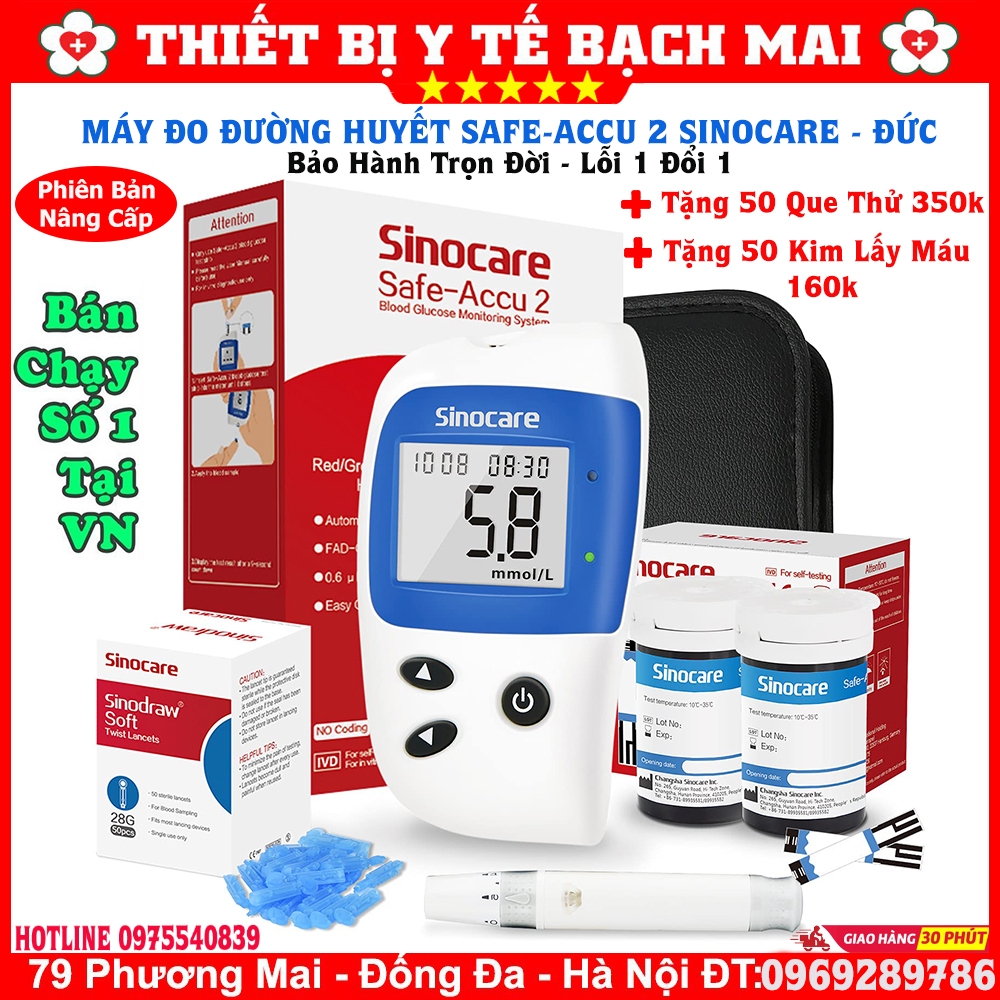 Máy Đo Đường Huyết Safe-Accu 2 SINOCARE + Tặng 50 Que Thử, 50 Kim Lấy Máu Máy Đo Đường Huyết Safe-Accu 2 SINOCARE + Tặng 50 Que Thử, 50 Kim Lấy Máu