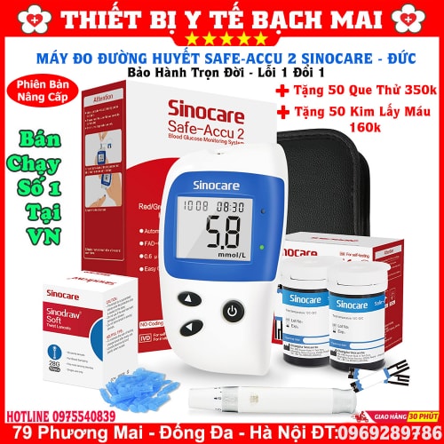 Máy Đo Đường Huyết Safe-Accu 2 SINOCARE + Tặng 50 Que Thử, 50 Kim Lấy Máu Máy Đo Đường Huyết Safe-Accu 2 SINOCARE + Tặng 50 Que Thử, 50 Kim Lấy Máu