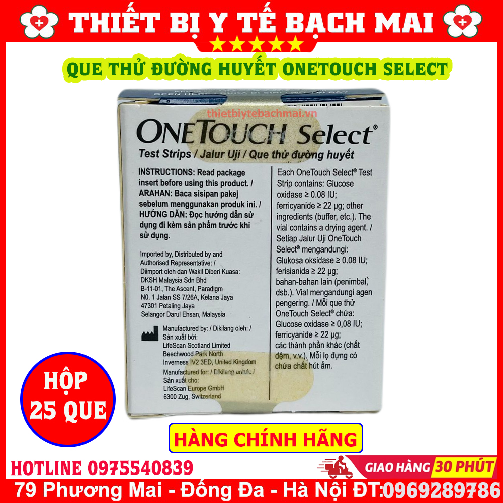 Que Thử Đường Huyết OneTouch Select Hộp 25 Que Chính Hãng Que Thử Đường Huyết OneTouch Select Hộp 25 Que Chính Hãng