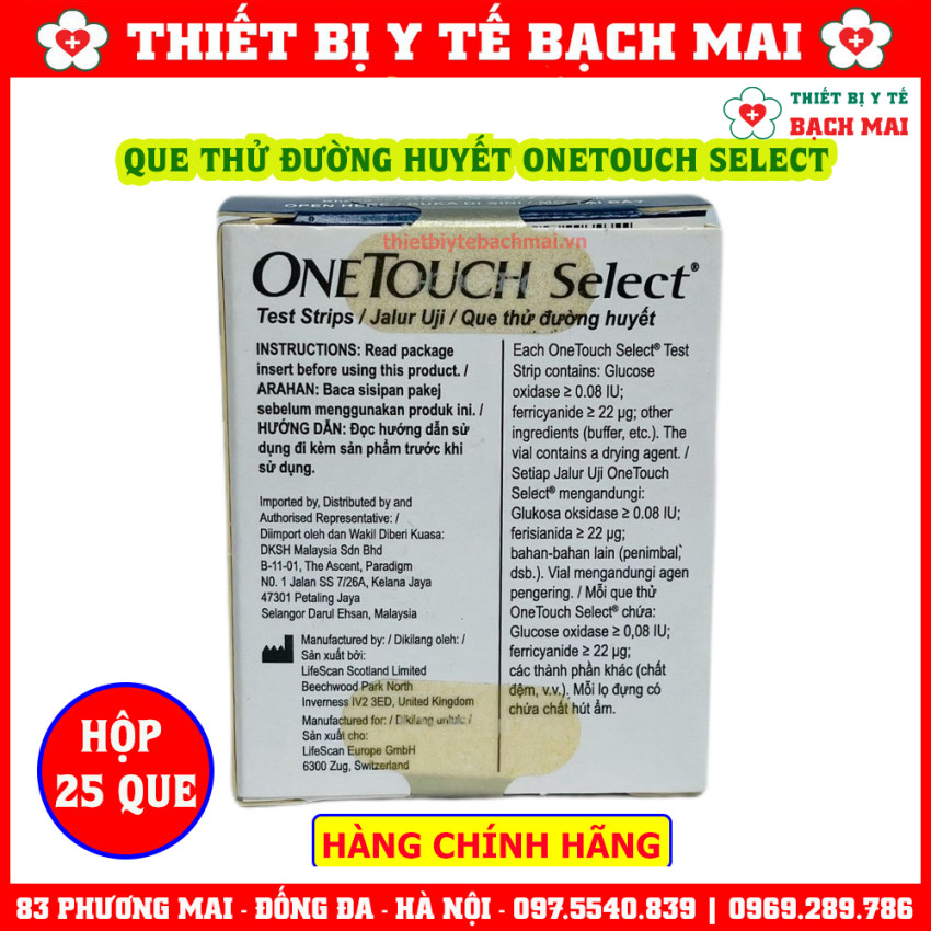 Que Thử Đường Huyết OneTouch Select Hộp 25 Que Chính Hãng