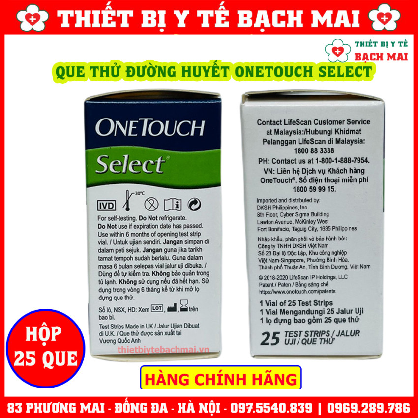 Que Thử Đường Huyết OneTouch Select Hộp 25 Que Chính Hãng