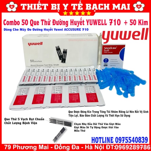 Que Thử Đường Huyết Yuwell 710 Cho Máy Đo Đường Huyết Yuwell Accusure 710 [Hộp 50 Que Thử + 50 Kim Lấy Máu]