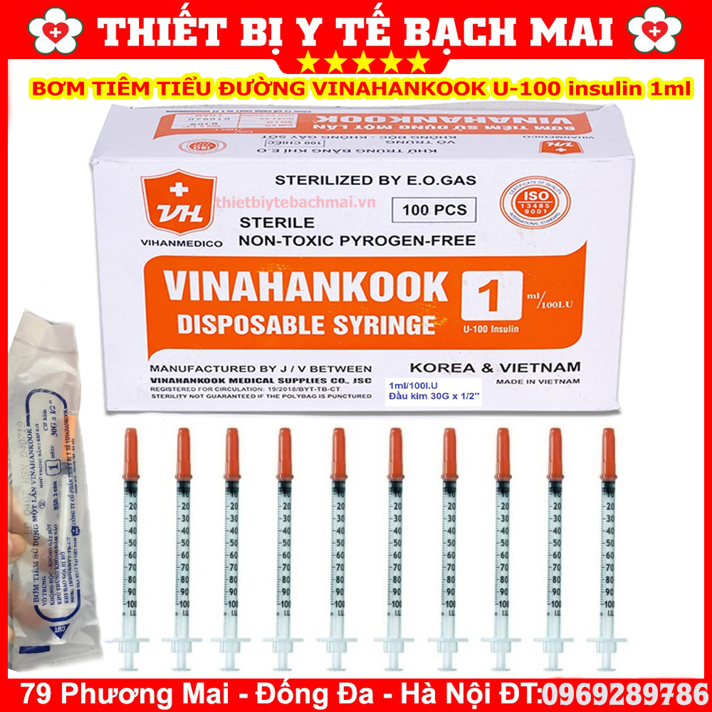 Bơm Tiêm Tiểu Đường 1ml Vinahankook U100 Hộp 100 Cái Bơm Tiêm Tiểu Đường 1ml Vinahankook U100 Hộp 100 Cái