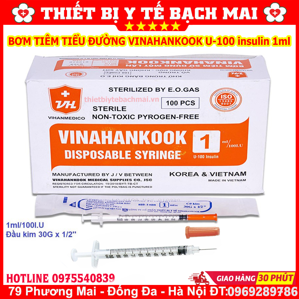 Bơm Tiêm Tiểu Đường 1ml Vinahankook U100 Hộp 100 Cái Bơm Tiêm Tiểu Đường 1ml Vinahankook U100 Hộp 100 Cái