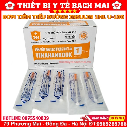 Bơm Tiêm Tiểu Đường 1ml Vinahankook U100 Hộp 100 Cái