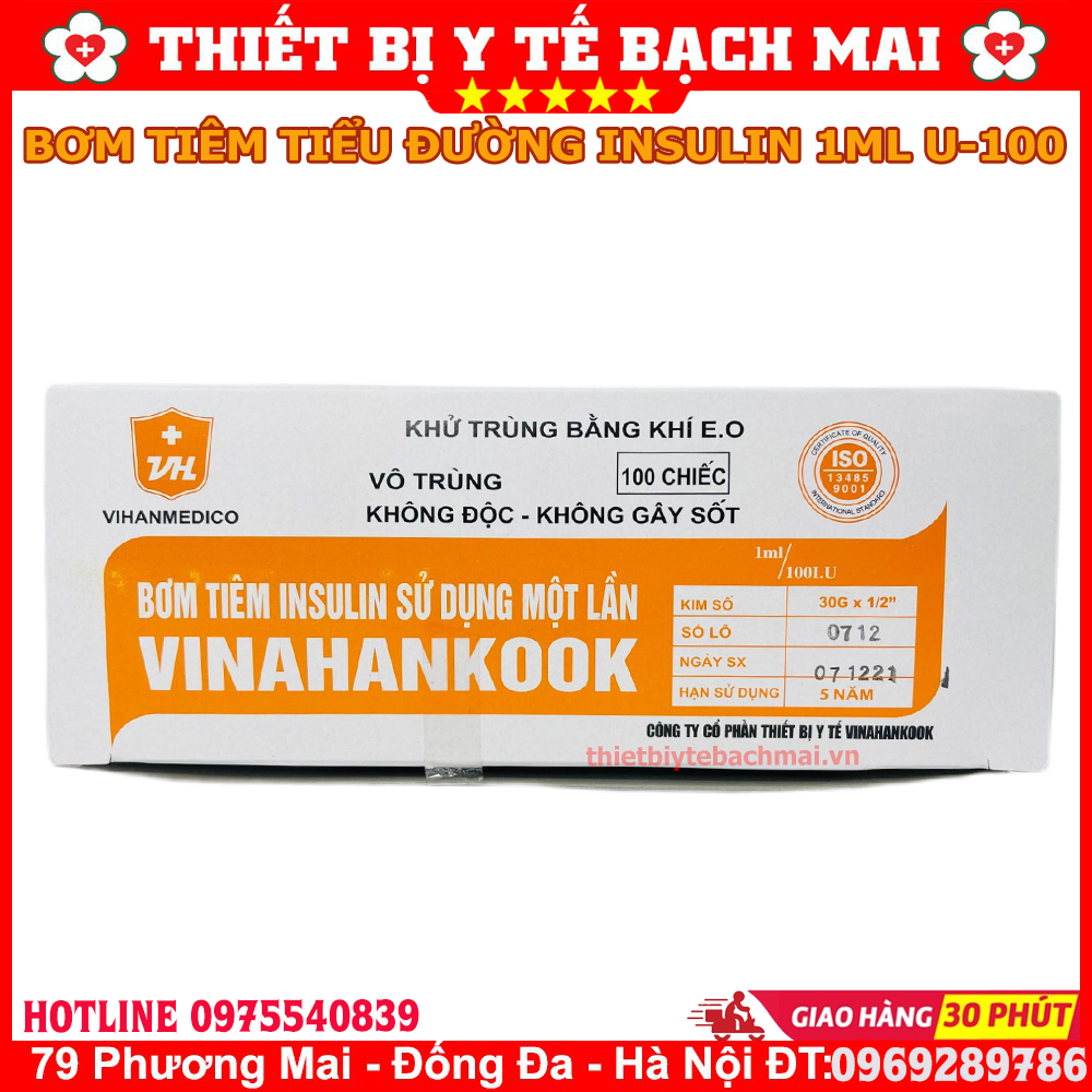 Bơm Tiêm Tiểu Đường 1ml Vinahankook U100 Hộp 100 Cái