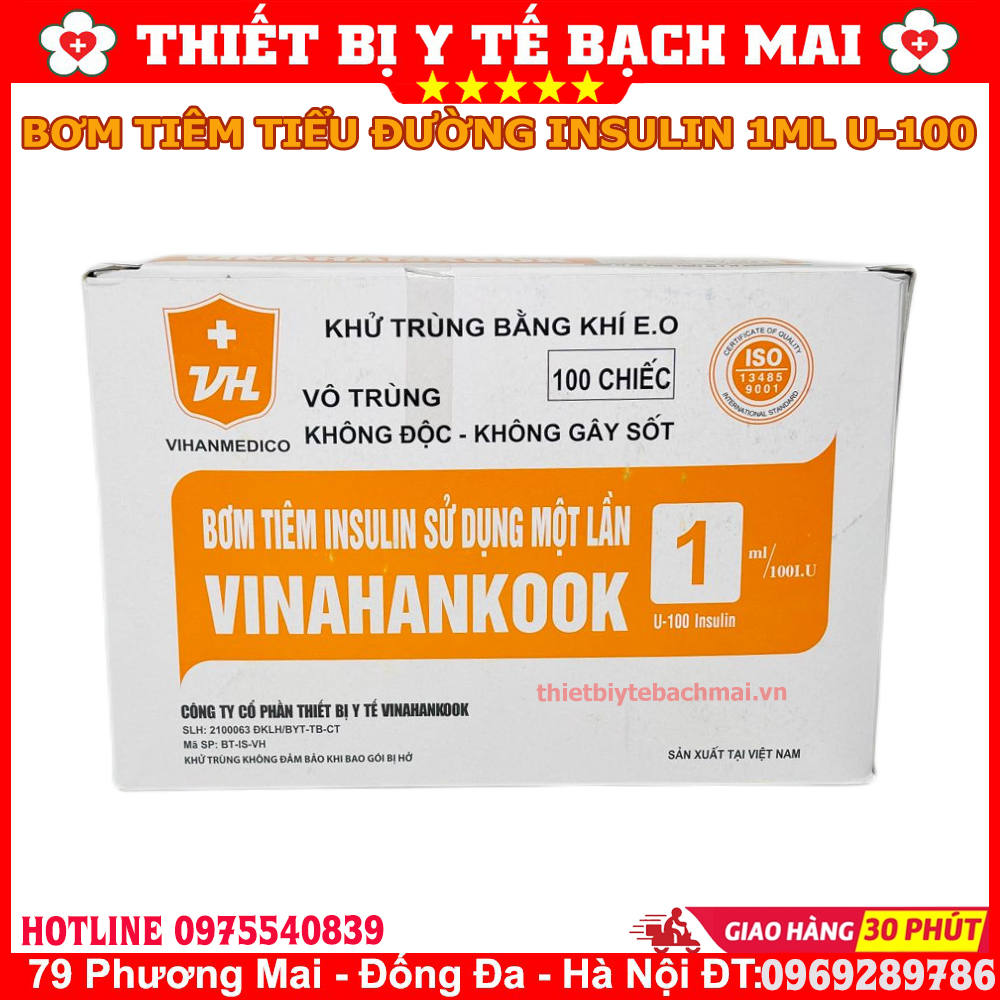 Bơm Tiêm Tiểu Đường 1ml Vinahankook U100 Hộp 100 Cái