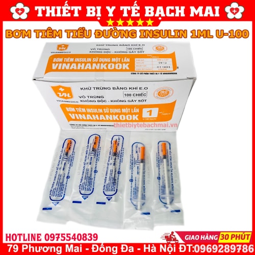 Bơm Tiêm Tiểu Đường 1ml Vinahankook U100 Hộp 100 Cái